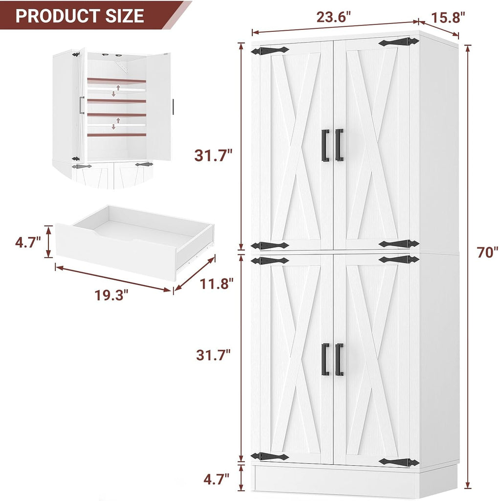 71" Tall Kitchen Pantry Storage Cabinet with Farmhouse Barn Doors and Storage Drawer, 4 Adjustable Shelves