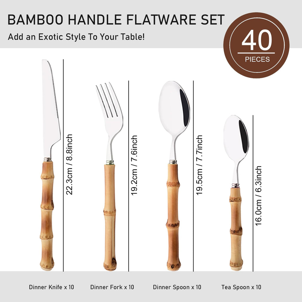 40PCS Silverware Set for 10, Bamboo Handle Flatware Set, Stainless Steel Cutlery Set Restaurant and Party, Bamboo