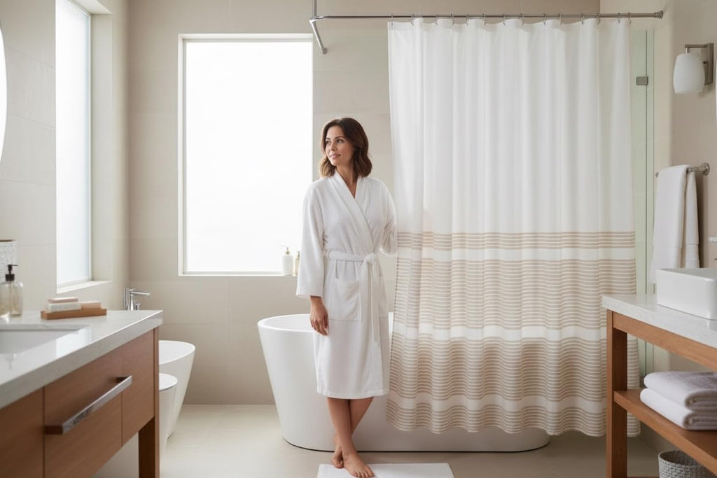 Nautical Striped Beige & White Cotton Bathroom Shower Curtain, 70x72 | Luxury Hotel Style Fabric with Detailed