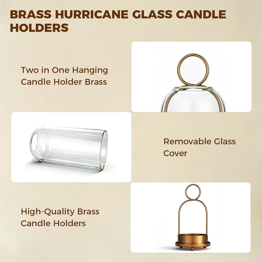 5"&4" Hurricane Glass Candle Holders, Hanging Brass Metal Candle Holder | Glass Candlestick Holders for Pillar