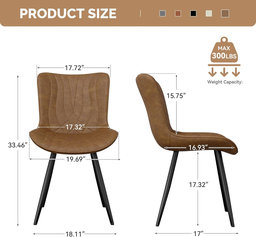 Dining Chairs Set of 6, PU Leather Upholstered Armless Dining Room Chairs with Metal Legs, Brown