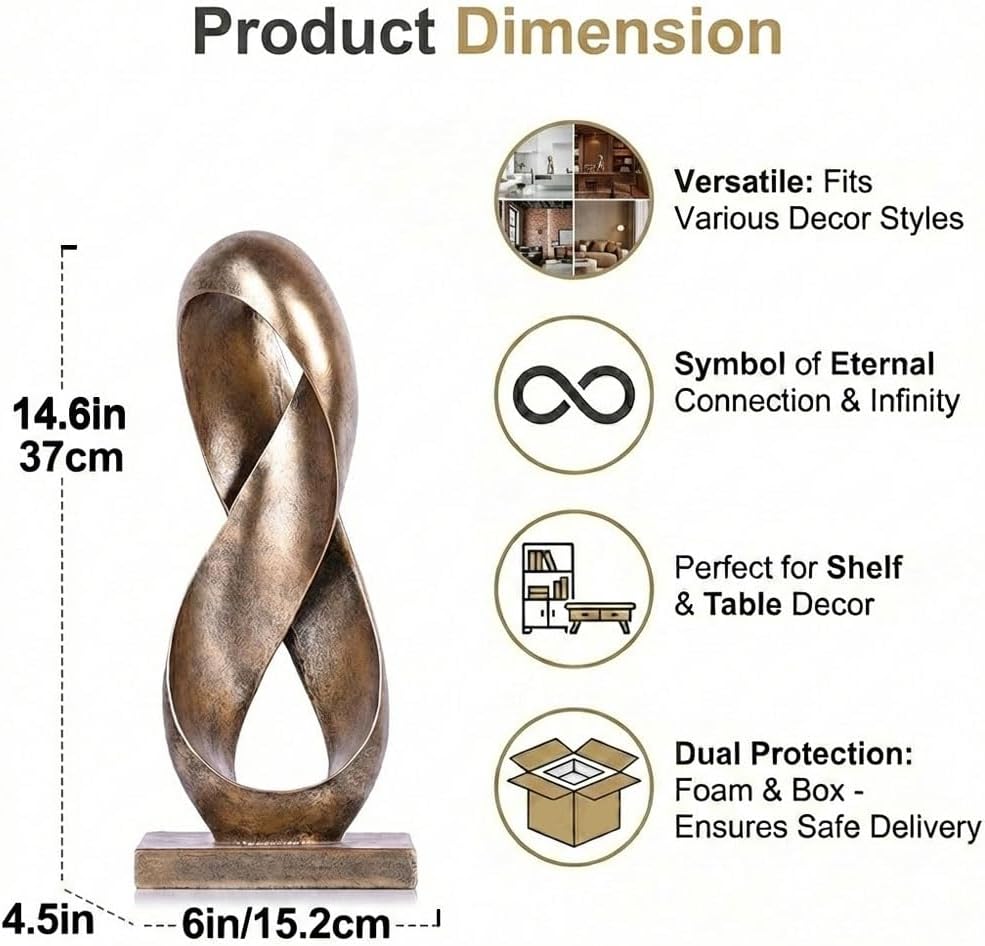 14.6" Tall Abstract Bronze-Finish Knot Sculpture, Modern Resin Infinity Loop Statue, Modern Tabletop Decor for Coffee