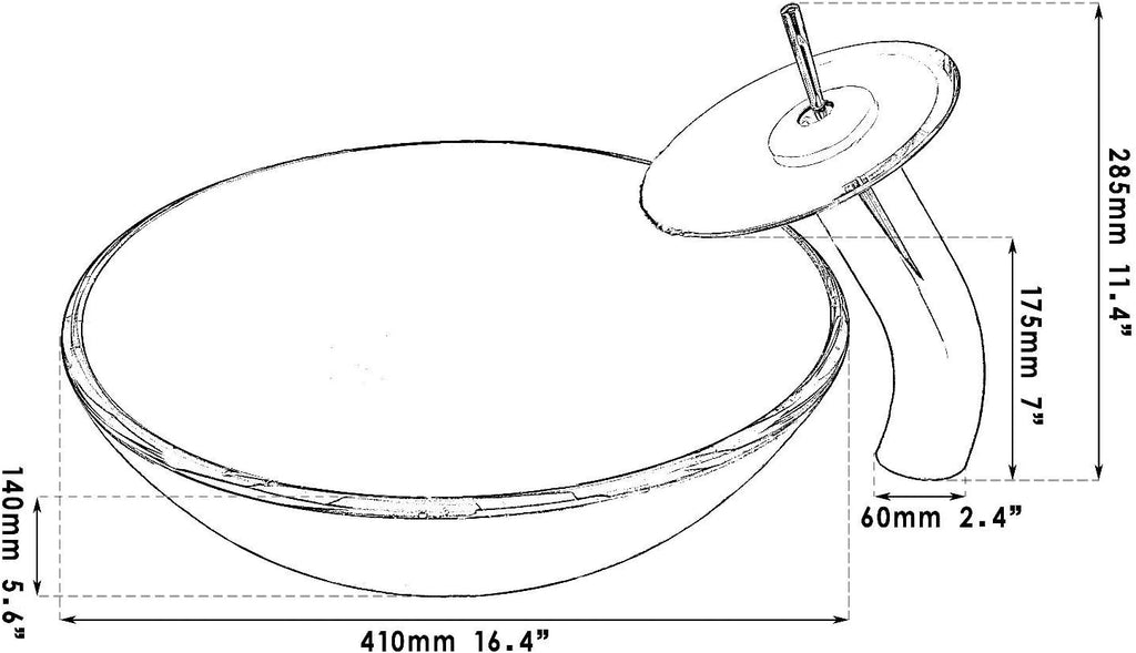 Vessel Sink Tempered Glass Round Bowl and Mixer Waterfall Faucet Drain Combo Set Grey Color