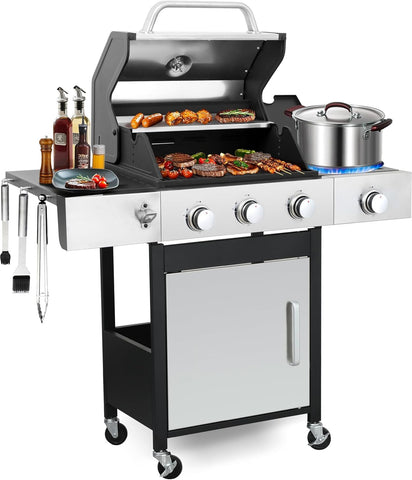 3-Burner Propane Gas Grill with Side Burner, 39,000 BTU Outdoor BBQ Grill with Cast Iron Grates and Storage Cabinet