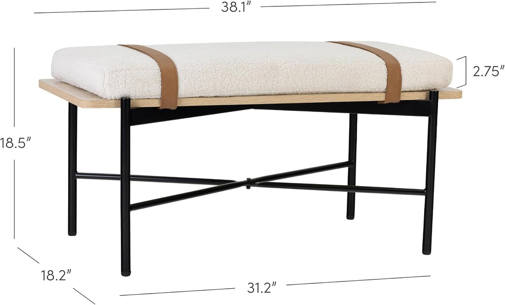 Thatcher Upholstered Entryway Bench with Removable Boucle Cushion, Vegan Leather Straps, and Matte Black Metal Legs