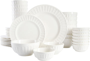 Zen Buffet Porcelain Ceramic Dinnerware Sets for 8, Plates and Bowls Set (40pcs), White Embossed Dishes