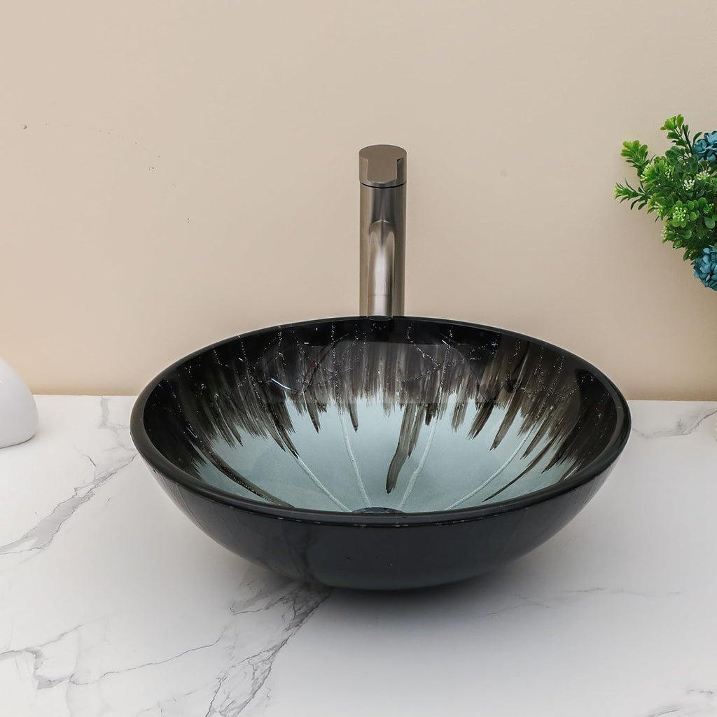 Artistic Vessel Sink Bathroom Vessel Sink Round Brown Tempered Glass Vanity Round Bowl With Pop-up Drain 16-1/2