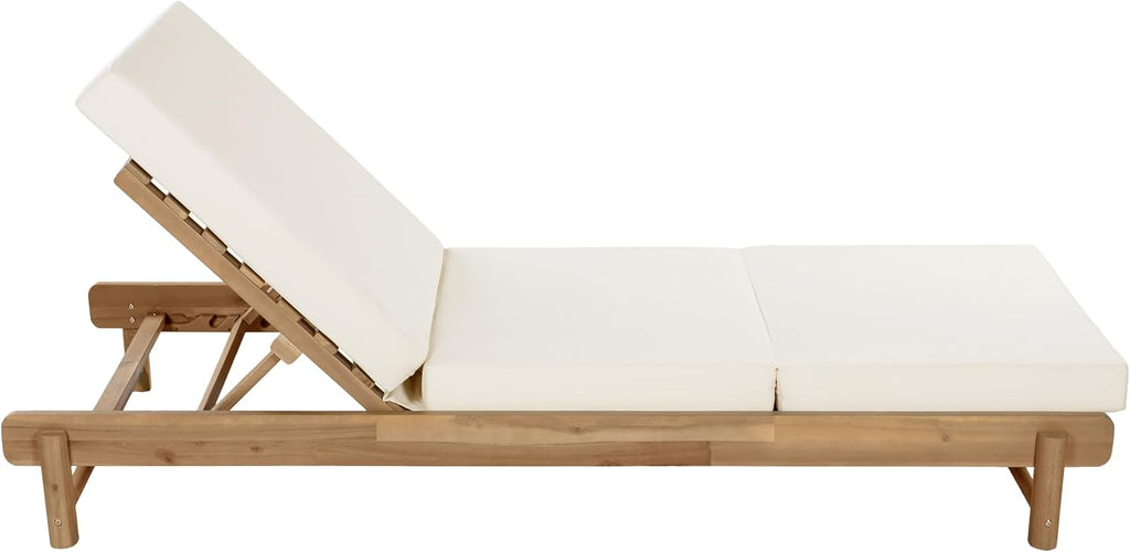 Patio Acacia Wood Chaise Lounge w/ Cushion, Outdoor Folding Chair Recliner | 1 Frame + 1 3-Fold 4" Thick Cream