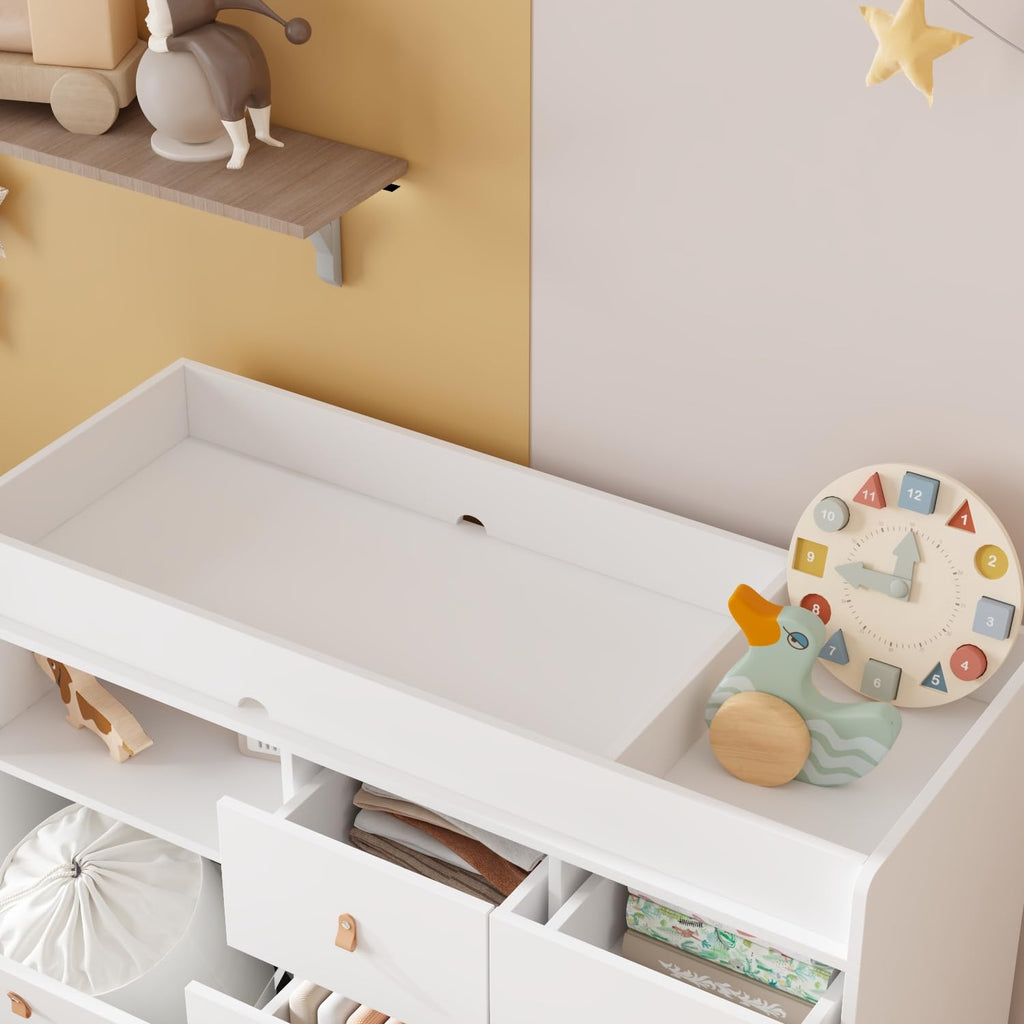 Baby Changing Table Dresser with 5 Drawers, Baby Nursery Dresser with Tilt Out Laundry Basket, Infant Changing
