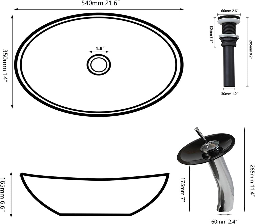 Black Oval Bathroom Vessel Sink Tempered Glass Washing Bowl Combo Above Counter Chrome Waterfall Faucet Pop Up Drain Set