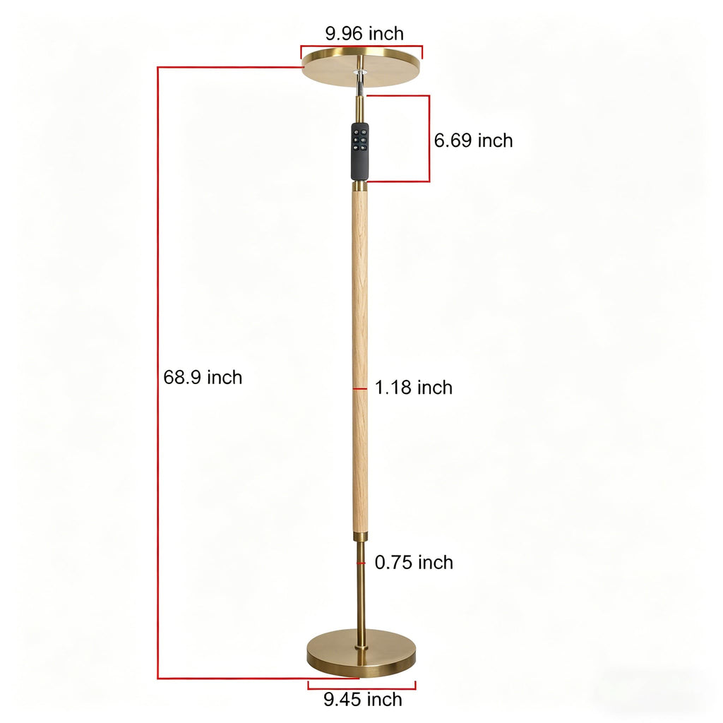 Solid Wood LED Torchiere Floor Lamp, 69" Dimmable Standing Lamp with Remote