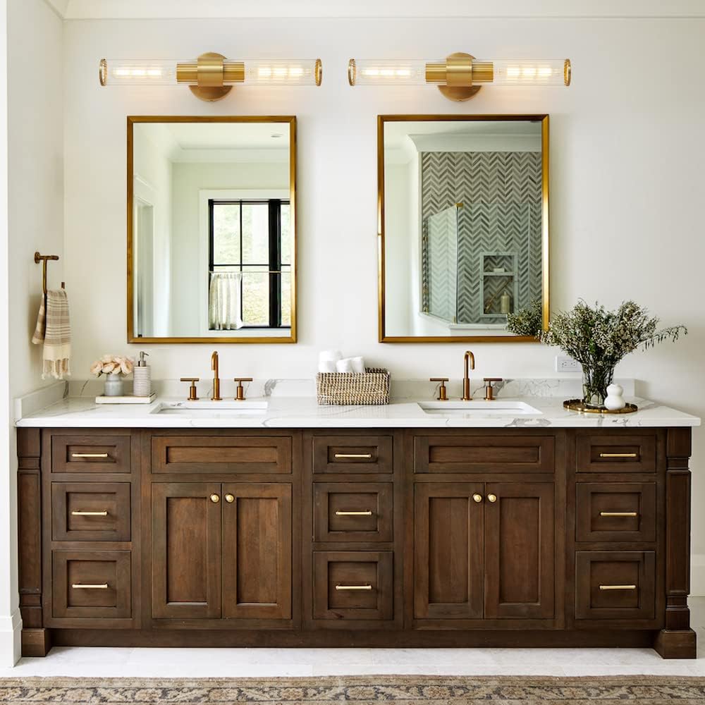 Hardwired Gold Vanity Light Threaded Glass Wall Sconce 2 Pack | Up & Down Bidirectional Lighting, Damp Rated s