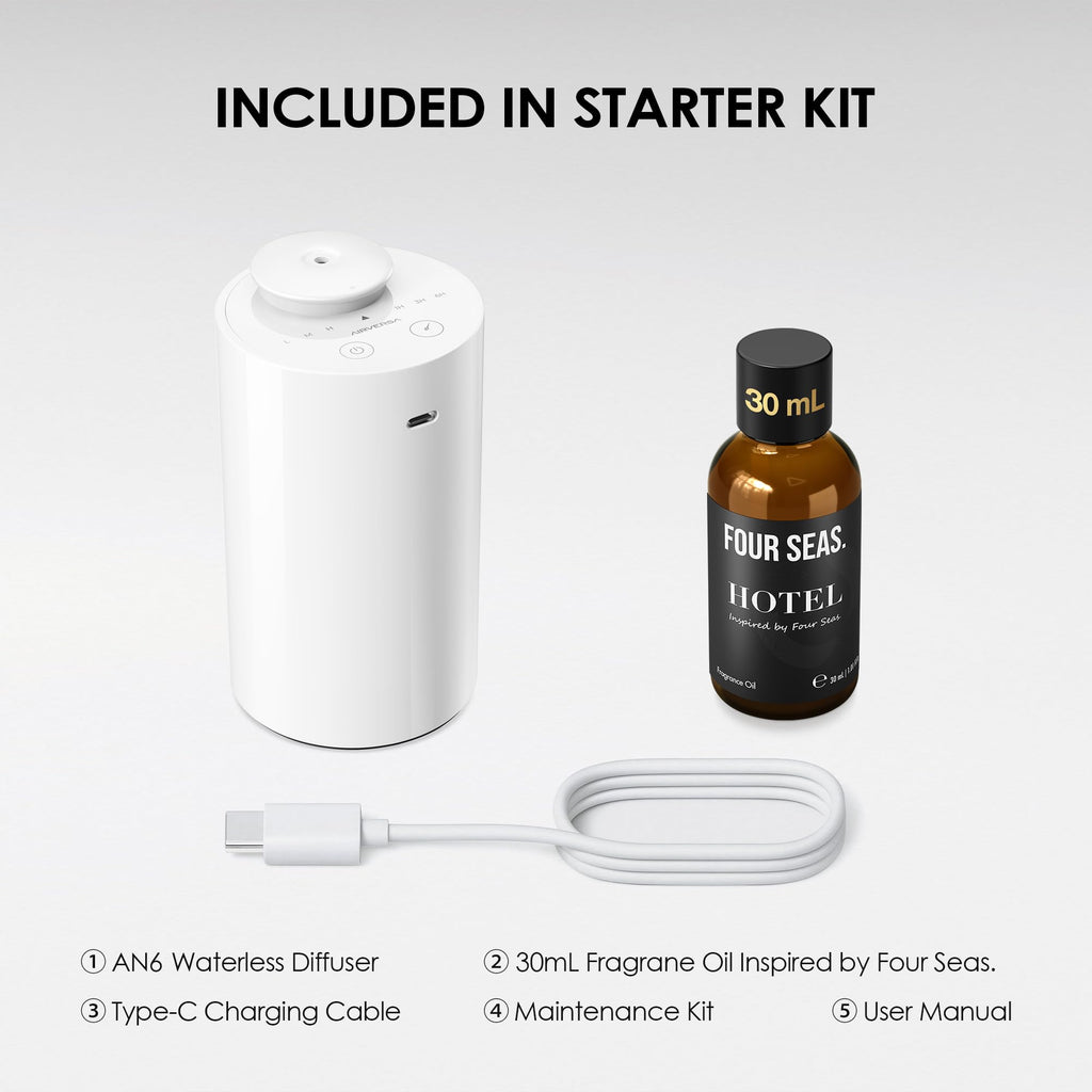 Waterless Essential Oil Diffuser Starter Kit with 30mL Hotel Fragrance Oil Inspired by Four Seas, Battery Operated