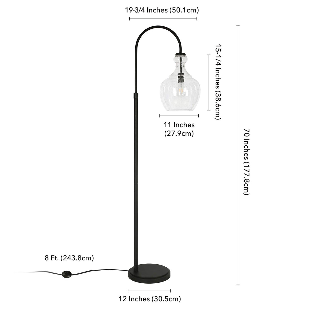 Arc Floor Lamp with Glass Shade in Blackened Bronze/Seeded, Floor Lamp