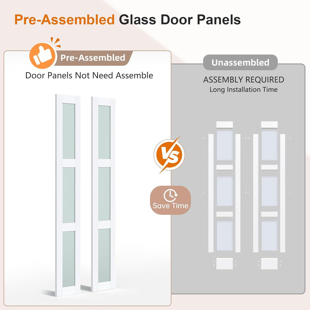 Preassembled Bi-Fold Doors, for 28"x 80" Opening,Tempered Frosted Glass Closet Folding Barn Door wit