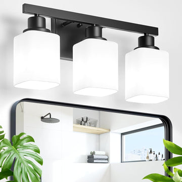 3-Light Bathroom Vanity Light,Modern Matte Black Bathroom Light Fixtures with Square Frosted Glass,Wall Sconces
