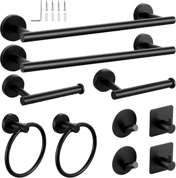 10-Piece Matte Black Bathroom Hardware Set, 16in SUS304 | Wall-mounted Towel Racks, Hand Towel Holder Decor
