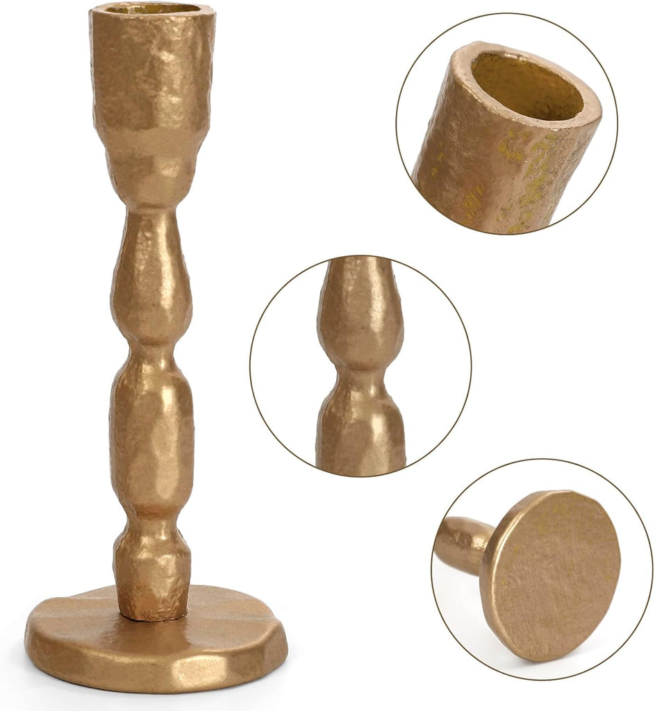 Antique Brass Handcrafted Iron Taper Candle Holders - Set of 2 Decorative Candlesticks for Weddings, Dining, and