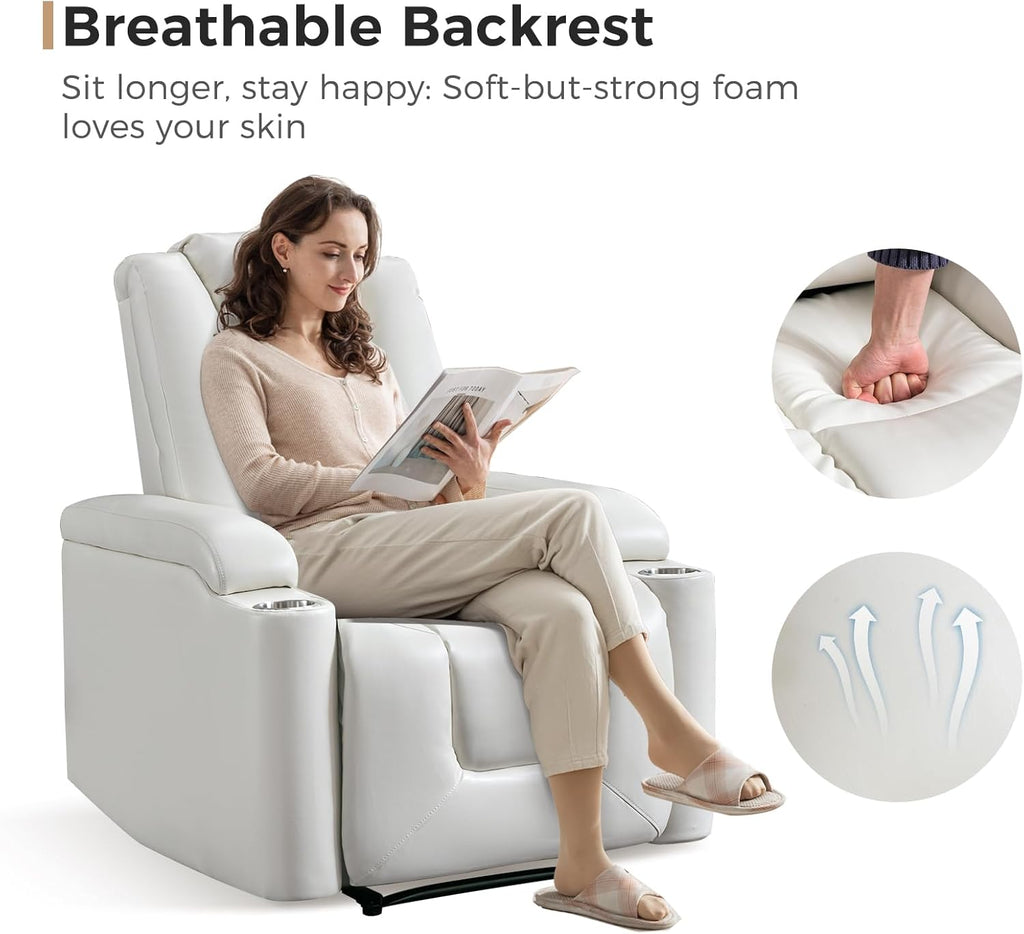 ANJ White Power Recliner Chair Electric Home Theater Seating Soft Leather Movie Chair for Living Room Overstuffed