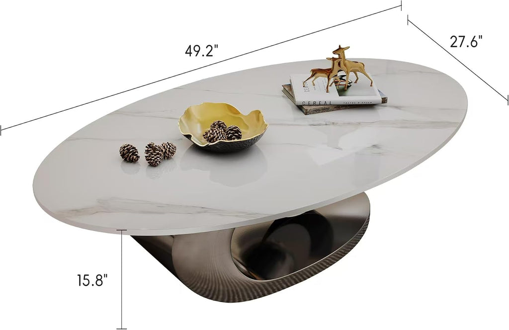 Modern Oval Coffee Table Luxury Sintered Stone Top Coffee Table with Sculptural Geometric Stainless Steel Base,Mid-Cen