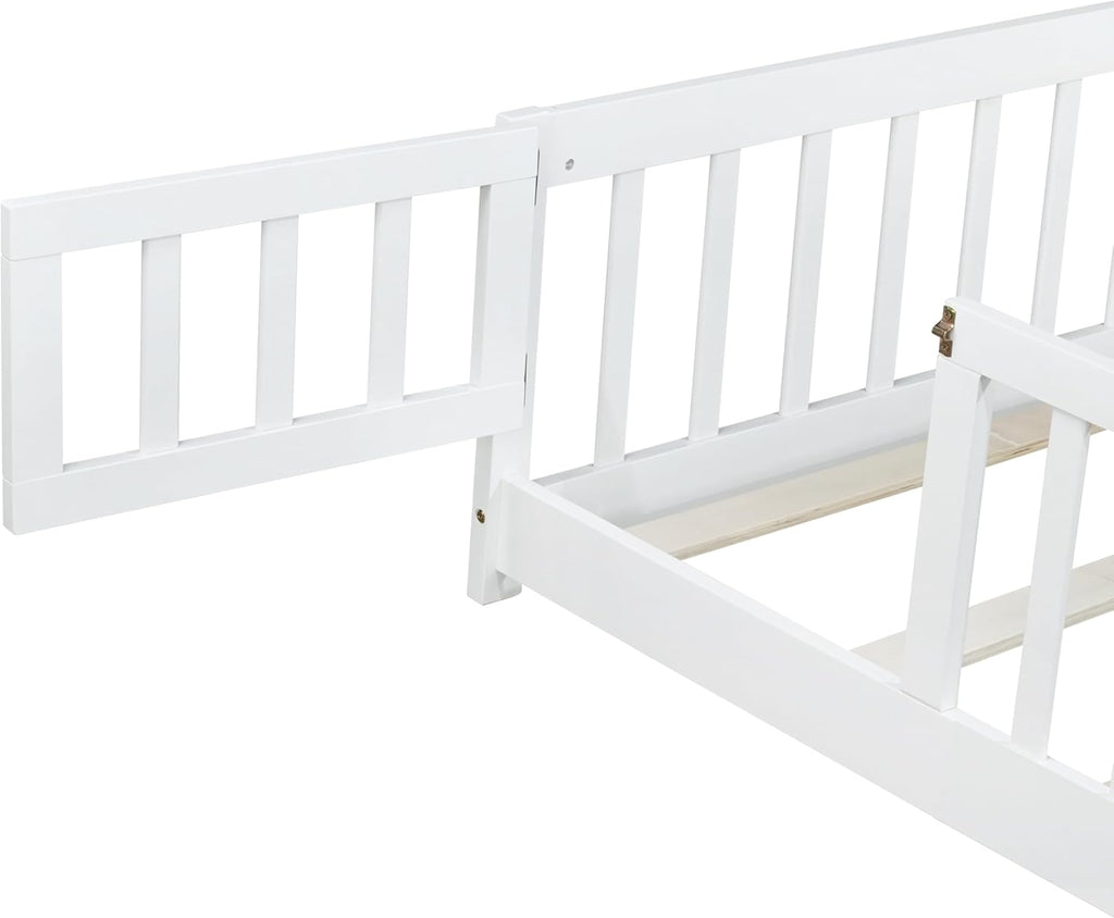 Full Size Montessori Floor Bed with Slats, Door and Guardrails, White | Low Profile Montessori Bed with Fence, Easy