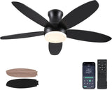 48 Inch Ceiling Fan with Light, Black Flush Mount Ceiling Fan with Remote and APP Control, Dimmable and 6 Wind Speed, Modern Low Profile Fan Light for Bedroom, Covered Outdoor A101-B0DB8GRG48