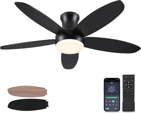48 Inch Ceiling Fan with Light, Black Flush Mount Ceiling Fan with Remote and APP Control, Dimmable and 6 Wind Speed, Modern Low Profile Fan Light for Bedroom, Covered Outdoor A101-B0DB8GRG48