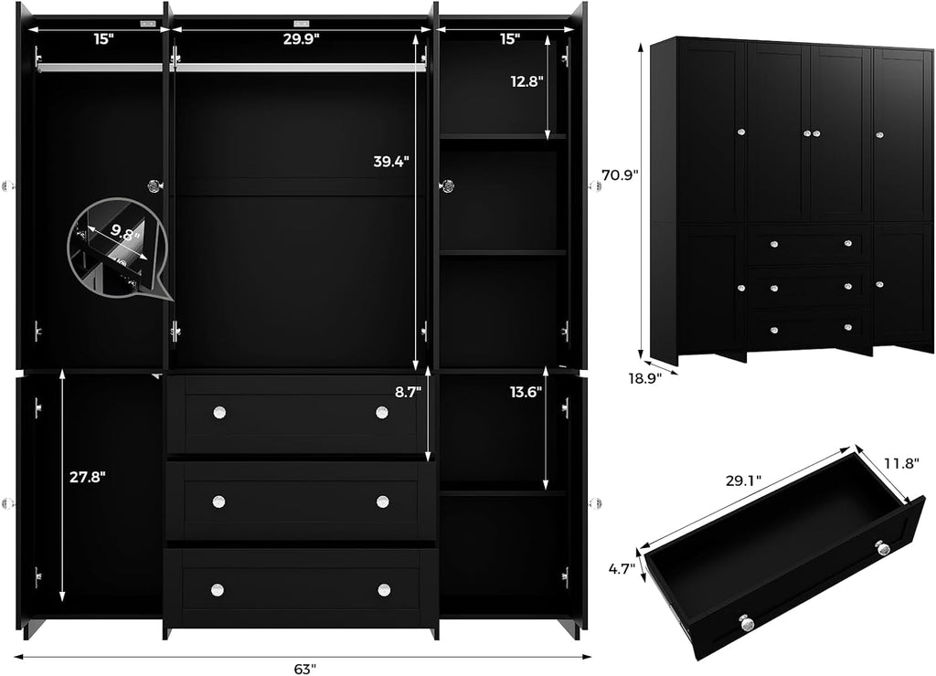 71" Armoire Wardrobe Closet with Drawers and Mirror, 6 Doors | Clothing Storage Cabinet with Hanging Rod, Wooden