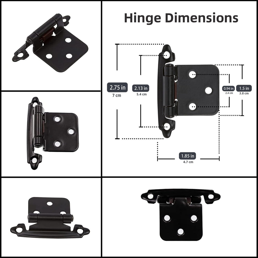 1/2" Overlay Matte Black Cabinet Hinges (5 Pair -10 Pcs) Self Closing Bath & Kitchen Cabinet Hinges Black Flush Mount