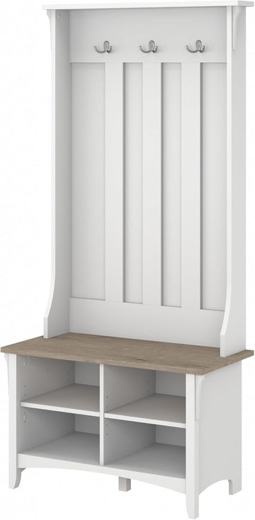 Salinas Hall Tree with Shoe Storage Bench in Shiplap Gray and Pure White, Multi-Purpose Home Organizer, Entryway