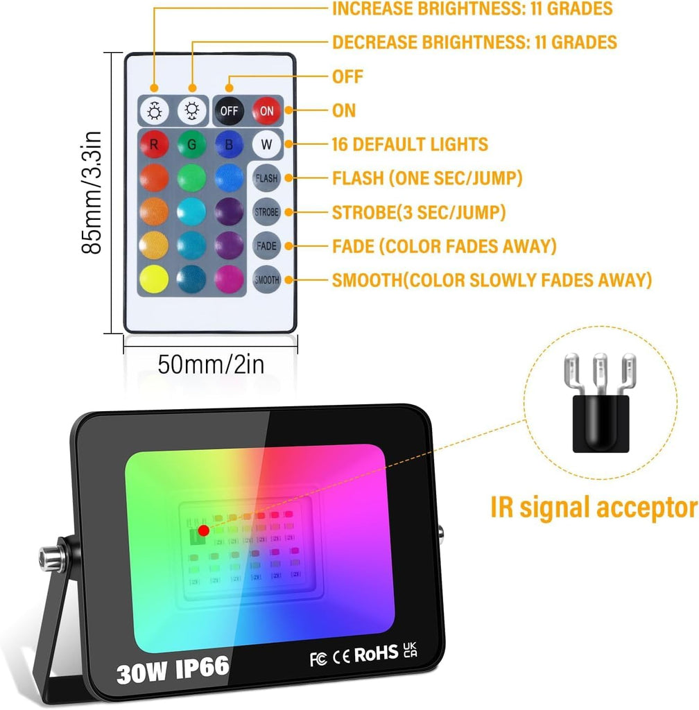 4-Pack 30W RGB LED Flood Light, Remote Outdoor Color Changing Light | 16-color changing, IP66 waterproof, remote