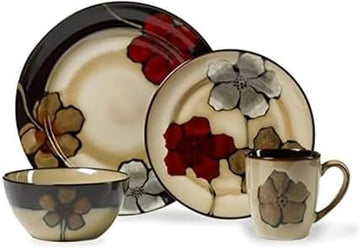 Painted Poppies 16-Piece Dinnerware Set, Service for 4, Colorful Floral Stoneware Plates, Bowls, and Mugs