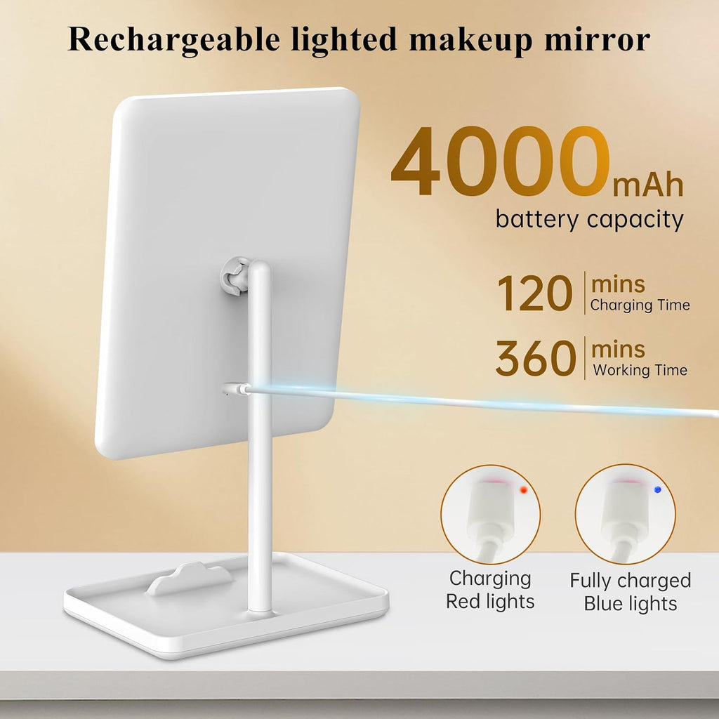 Vanity Mirror with Lights, Rechargeable Makeup Mirror with Lights,Smart Touch with 3-Color Lighting, Dimmable,