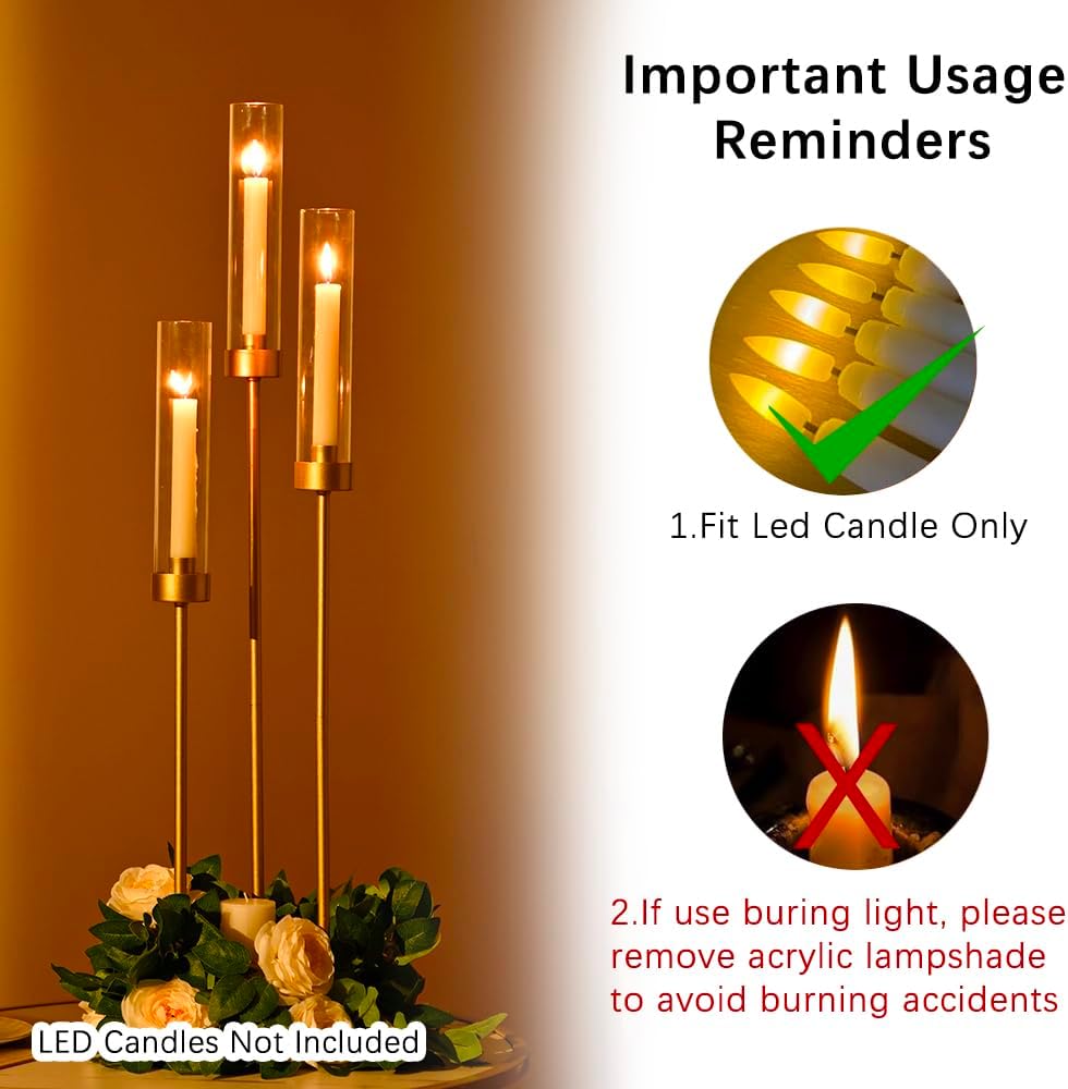 4pcs Gold Candelabra 3 Arm Taper Candle Holders with Acrylic Lampshade, 33.8'' Tall Candelabra Centerpiece for Table