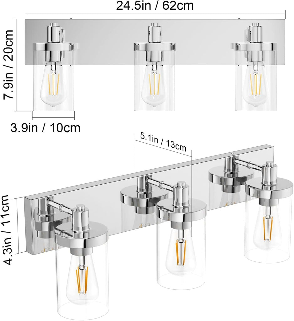 Chrome Vanity Light 3 Light Farmhouse Bathroom Lights Fixtures Over Mirror with Clear Glass Shade(Exclude Bulb)