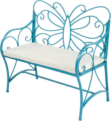 38.7in Cast Iron Outdoor Bench with Cushion, All Weather Resistant Metal Bench with Curved Armrests and Butterfly
