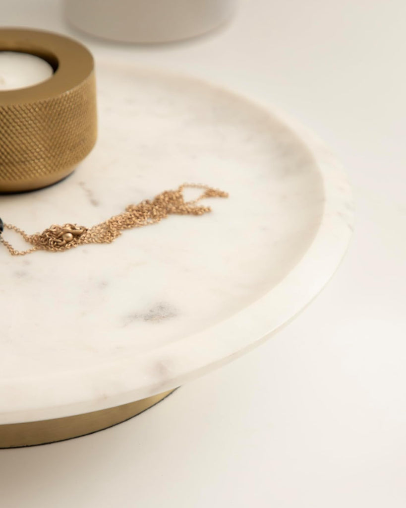Sevienne Modern Glam Round Marble Tray, 10 Inch Diameter, White and Gold, Contemporary Scooped Pedestal Tray for Use