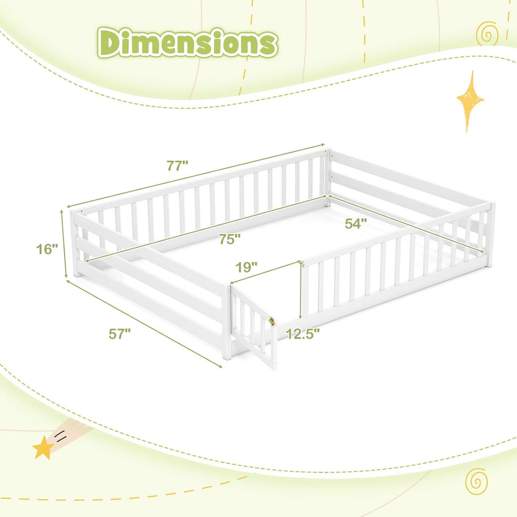 Full Size Wood Floor Bed with Door & Fence, Montessori Bed Frame with Full Length Safety Guardrails, Door & Latch