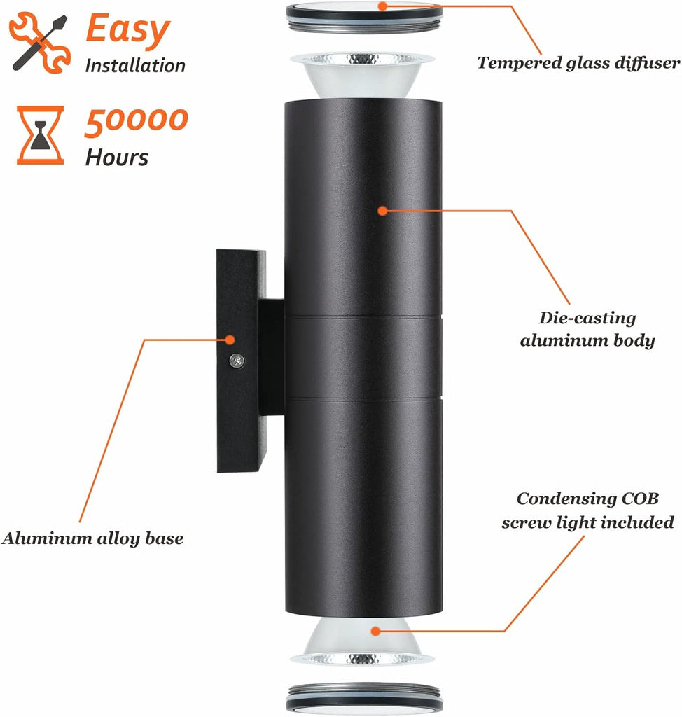 Outdoor Wall Lights 2 Packs, Integrated LED Cylinder Up Down 12W 2700K Modern Aluminum Light