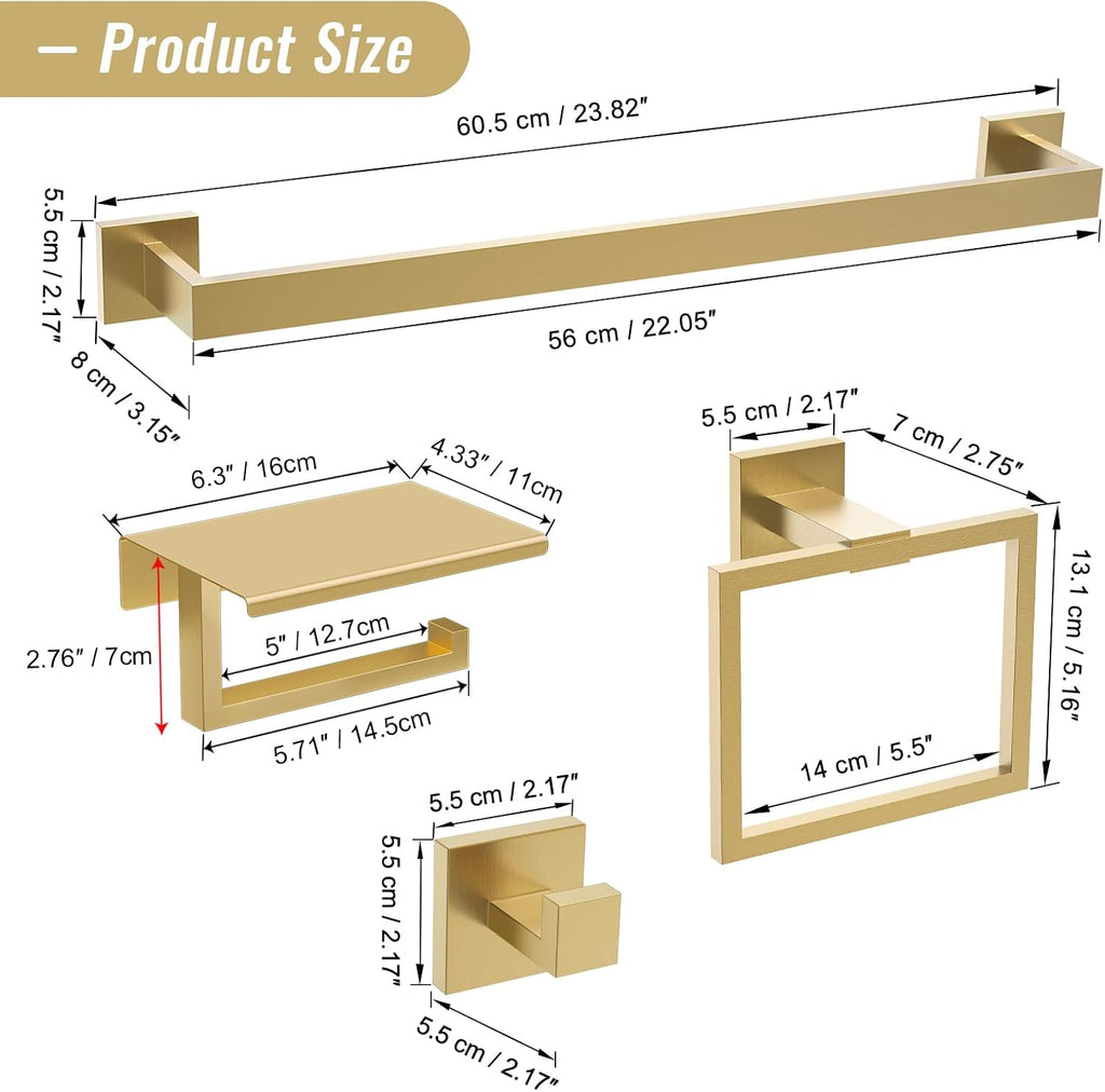 Brushed Gold Bathroom Hardware Accessorie Set 23.6 Inch Towel Bar Set 5-Pieces Towel Rack&Holder Set ,Upgraded Toilet