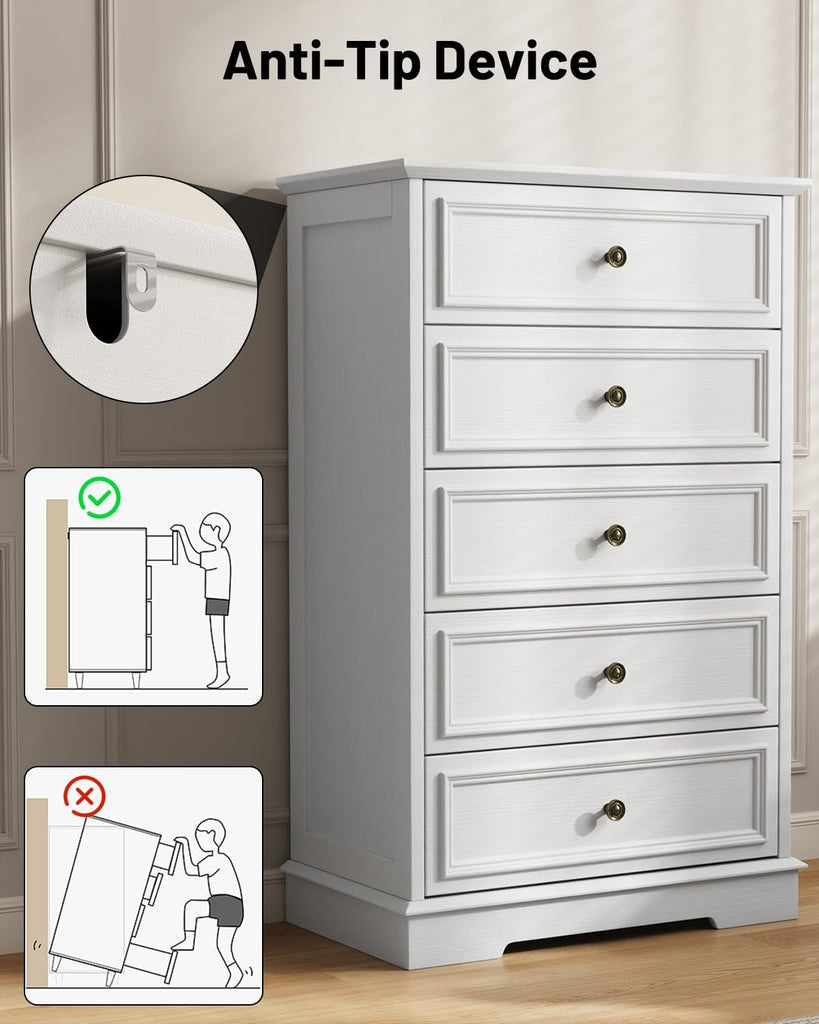 White Dresser , 44" Tall 5 Drawer Dresser, Wooden Chest of Drawers with Large Storage, Vertical Dressers for Closet