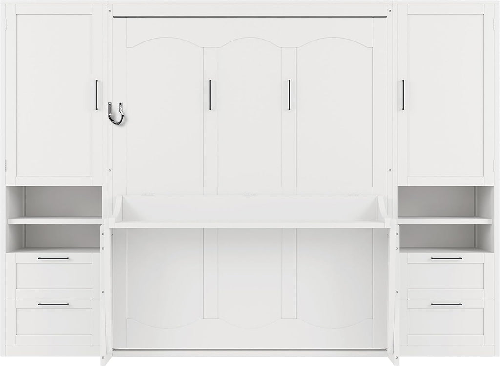 Queen Murphy Bed with Desk, Closet, Drawers and Shelves, Fold into the Wall, Space-Saving Foldable Wood Platform Bed