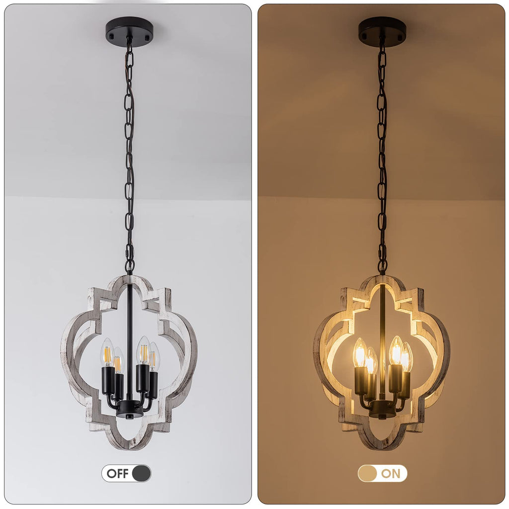 4-Light 15" Farmhouse Orb Chandelier Rustic Handmade Distressed White Wood Hanging Ceiling Pendant Light Fixture Wood