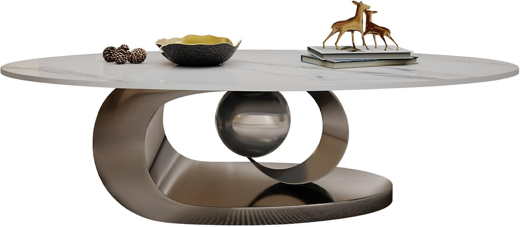 Modern Oval Coffee Table Luxury Sintered Stone Top Coffee Table with Sculptural Geometric Stainless Steel Base,Mid-Cen
