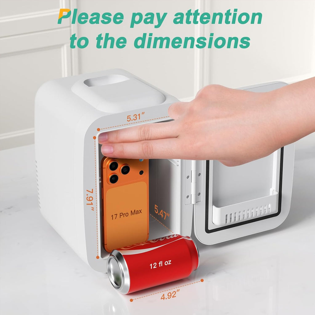 Mini Fridge, 4 Liter/6 Can Portable Cooler and Warmer Personal Refrigerator for Skin Care, Cosmetics, Beverage