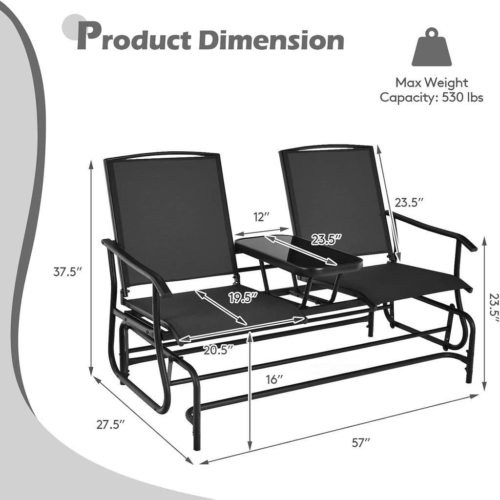 2-Person Outdoor Glider, Patio Glider Bench Chairs with Center Tempered Glass Table & Breathable Loveseat, Double