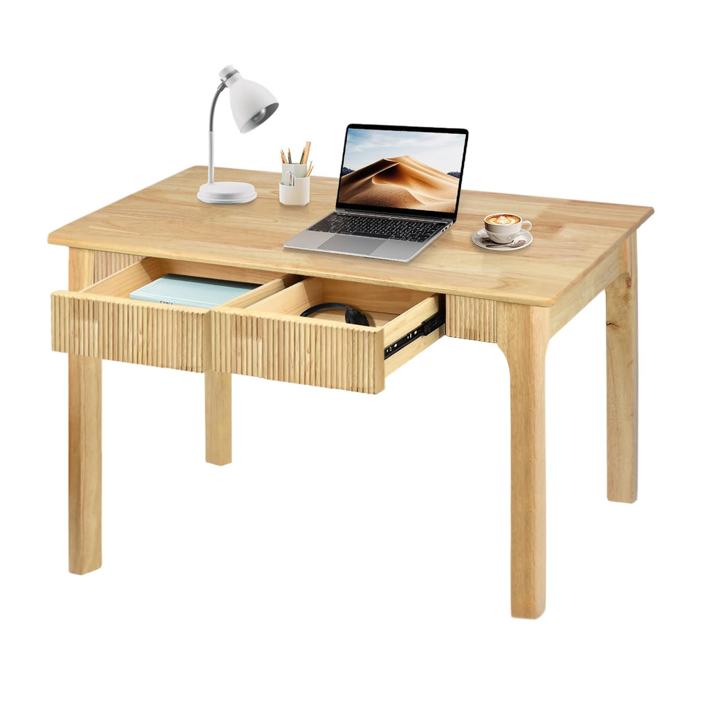 39.4'' Solid Wood Desk with 2 Drawers, Small Mid Century Modern Home Writing Office Wooden Desk, Vintage Computer