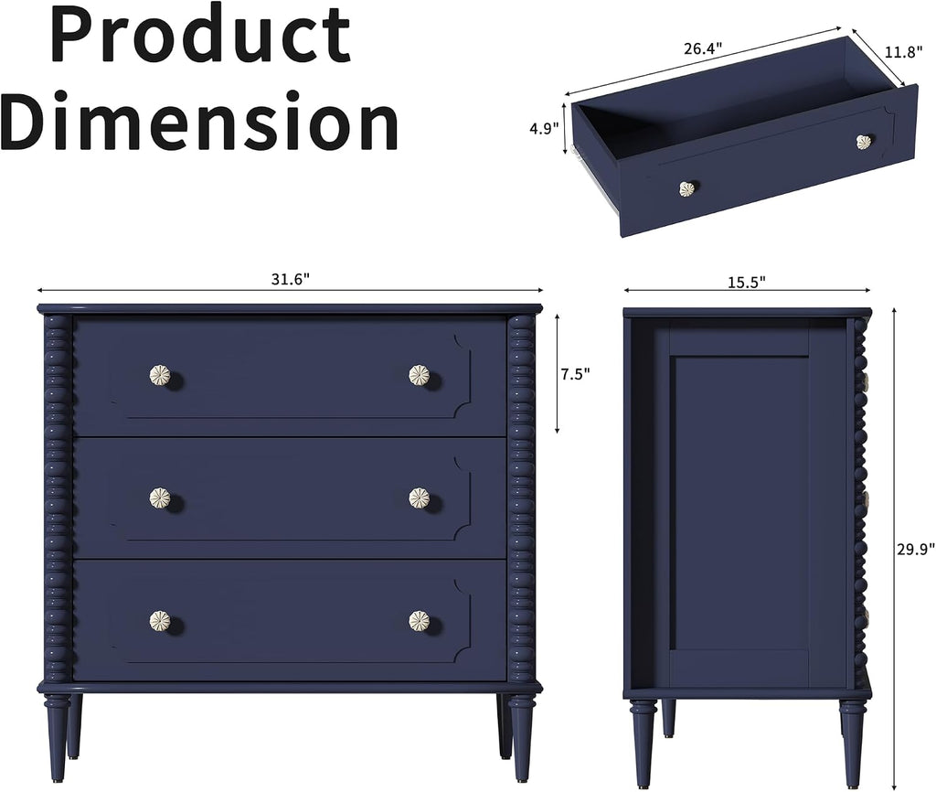 3 Drawer Dresser, 32 inch Wide Dresser , Modern Wood Chest of Drawers, Turned Legs Nightstand with 3 Drawers s