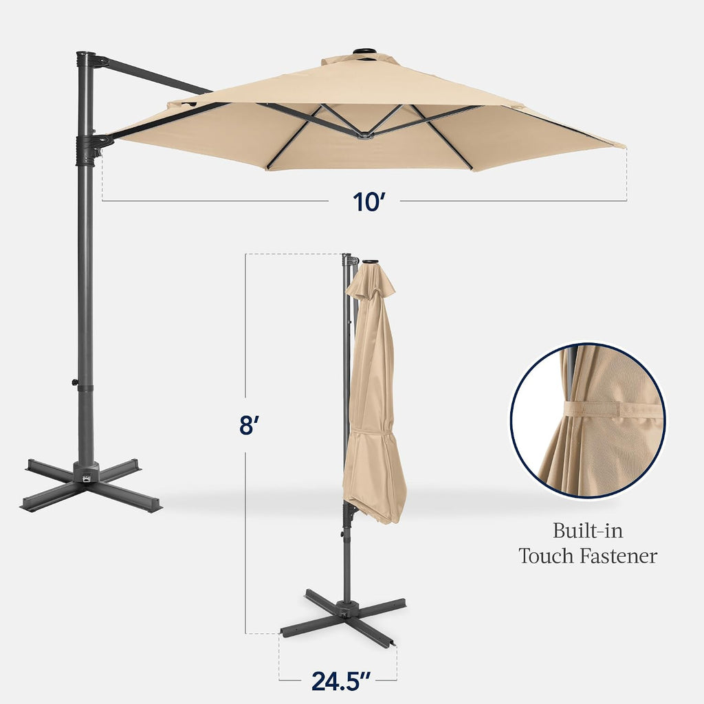 10ft Offset Cantilever Hanging Market Patio Umbrella, Smooth 360° Rotation, 8 Sturdy Ribs, Easy Adjustment - Sand