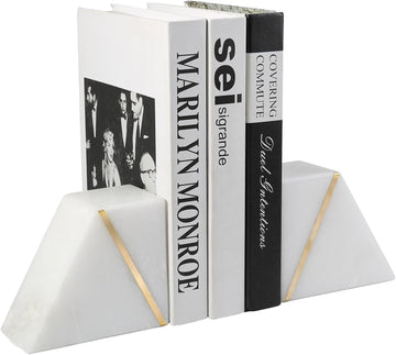 Natural Marble Bookends for Shelves, Decorative Book Ends for Heavy Books, Heavy Duty Mid Century Modern White and - Set of 2